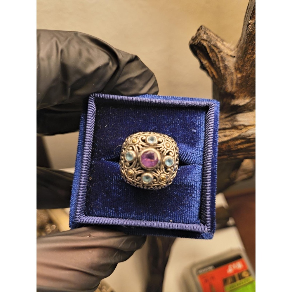 Gorgeous 18K And Sterling Silver Amethyst And Topaz Ring Size 8 1/4